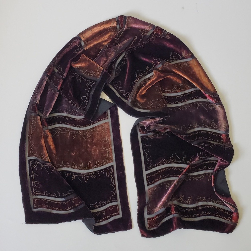 Stitched Velvet Burnout Rectangle Scarf Earthy Jewel Tone Artsy Goth Witchy